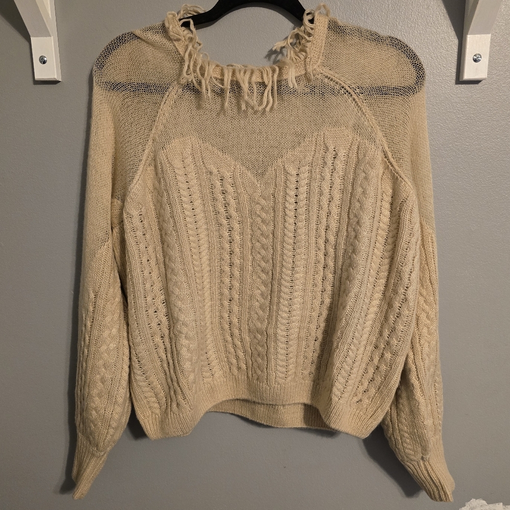 Elegant Cream Fringed Turtleneck Sweater